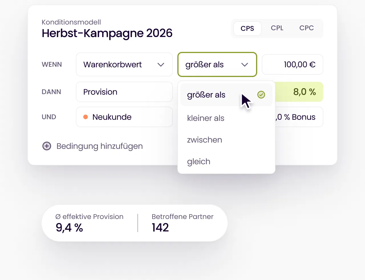 Publisher-Übersicht mit Provisionskonfiguration und Reports