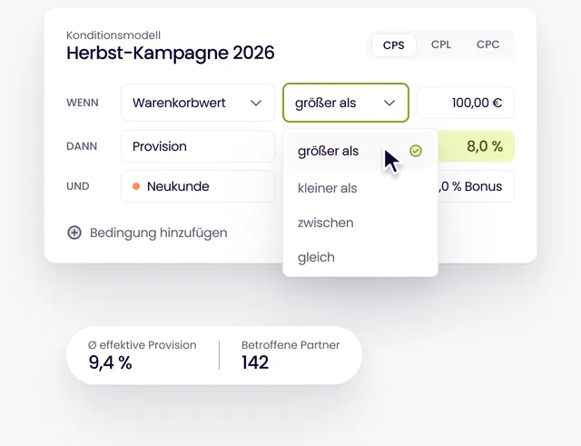 Konditionsmodell mit Regeln für Warenkorbwert, Provision und Neukunden-Bonus